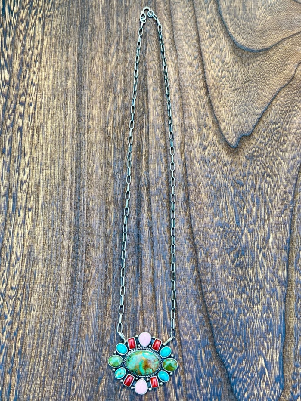 925 Sterling Silver Multi Stone Cluster Necklace Turquoise, Pink Conch, Coral - Picture 3 of 13